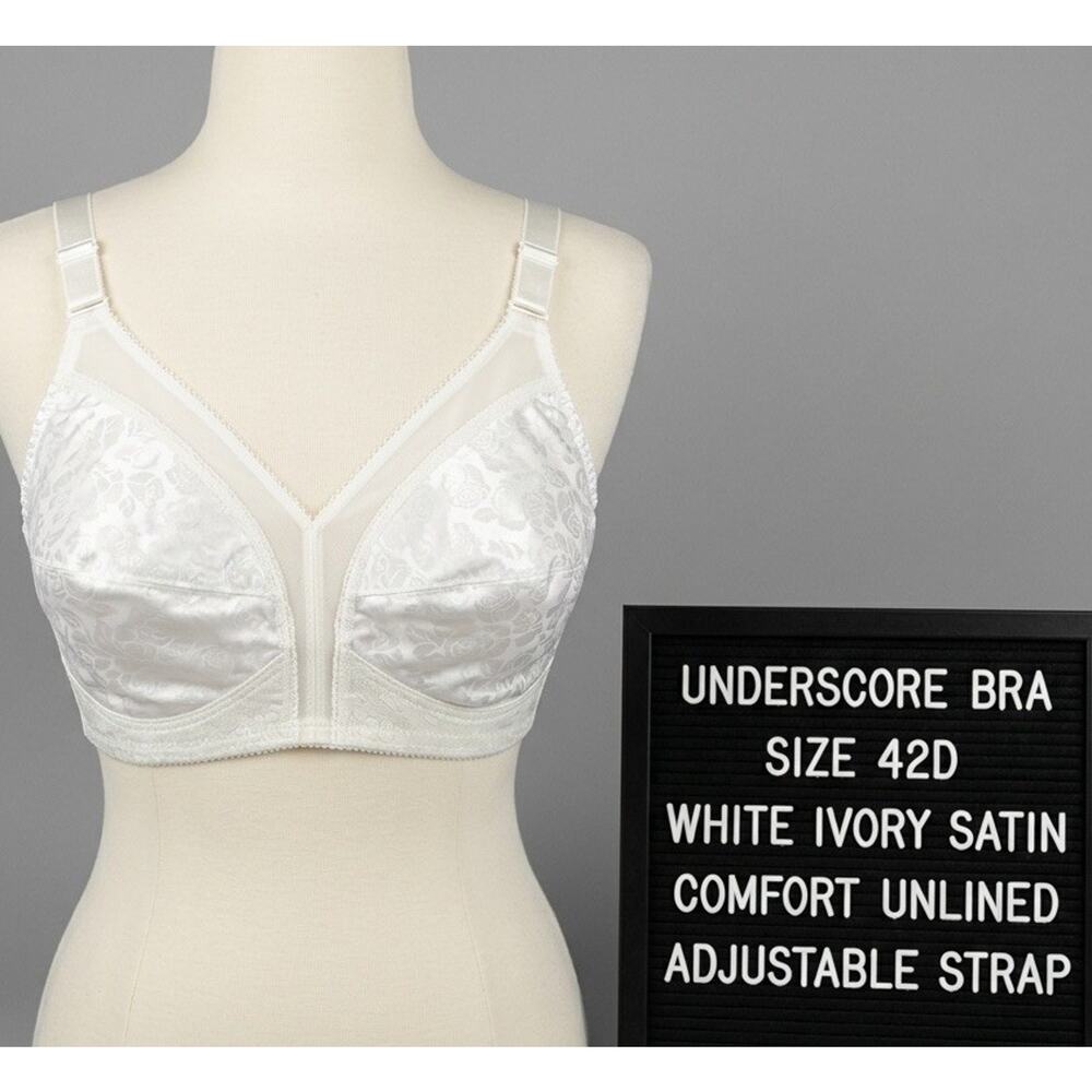 Underscore Bra Size 42D White Ivory Satin Adjustable Strap Comfort Unlined